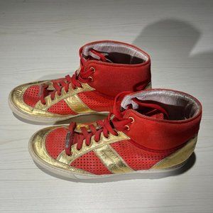 Alessandro Dell'Acqua gold and red perforated leather hi top sneakers eur 42 1/2